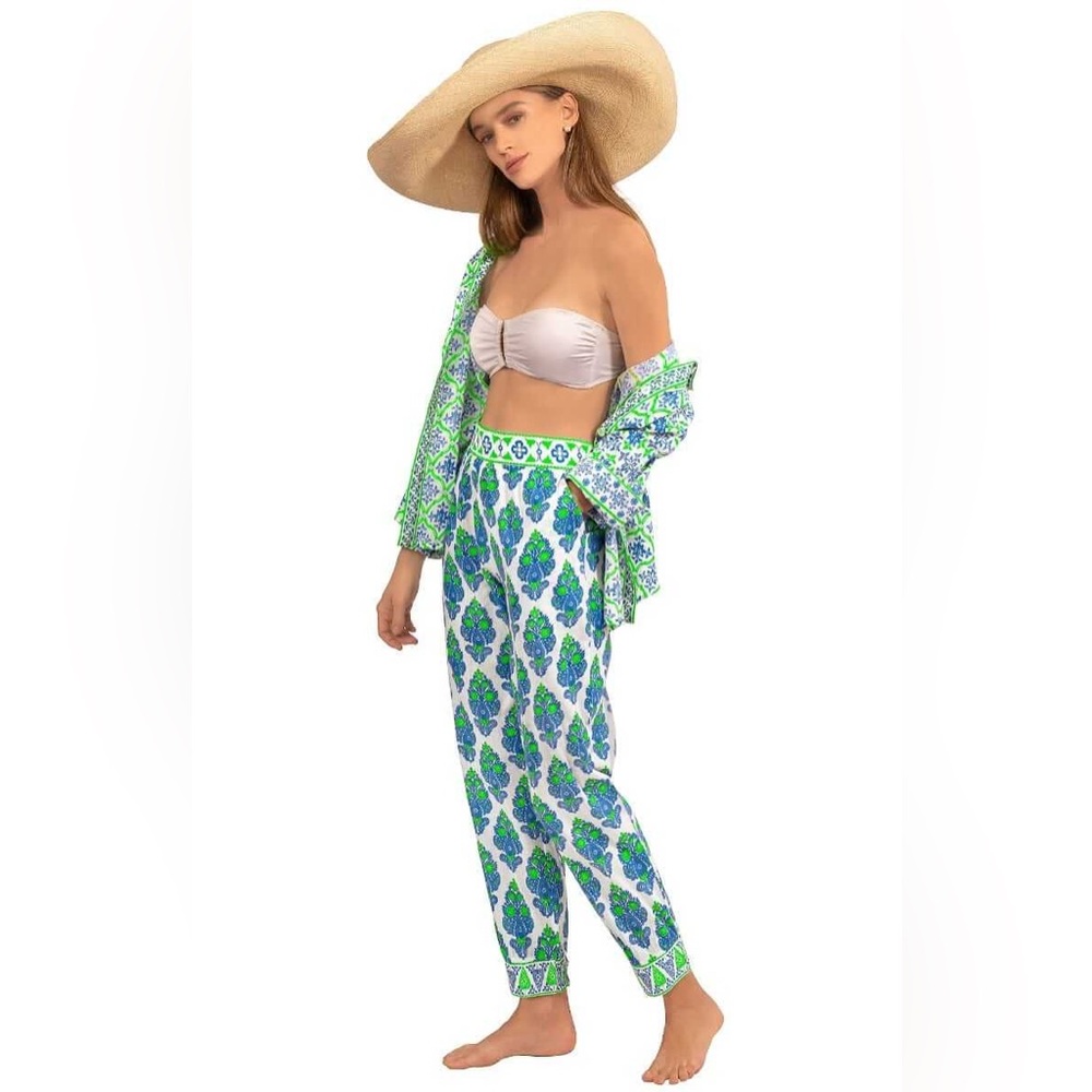 Gretchen Scott Cotton Genie Pants in East India Blue/Green size XL pull on boho